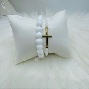 Stainless Steel Cross beaded White Theme  Bracelets